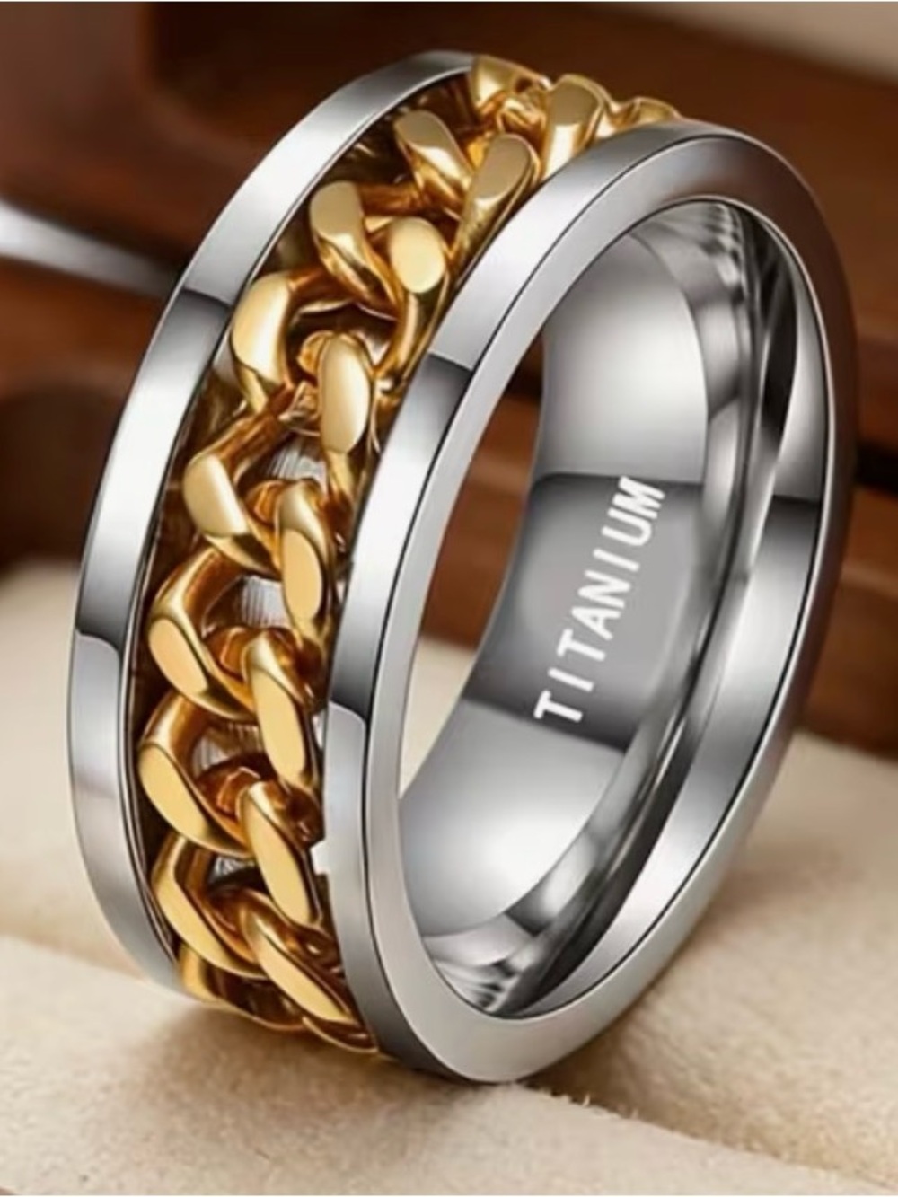 Titanium Men’s Two-Tone Chain Spinner Ring - Gold & Silver size 10